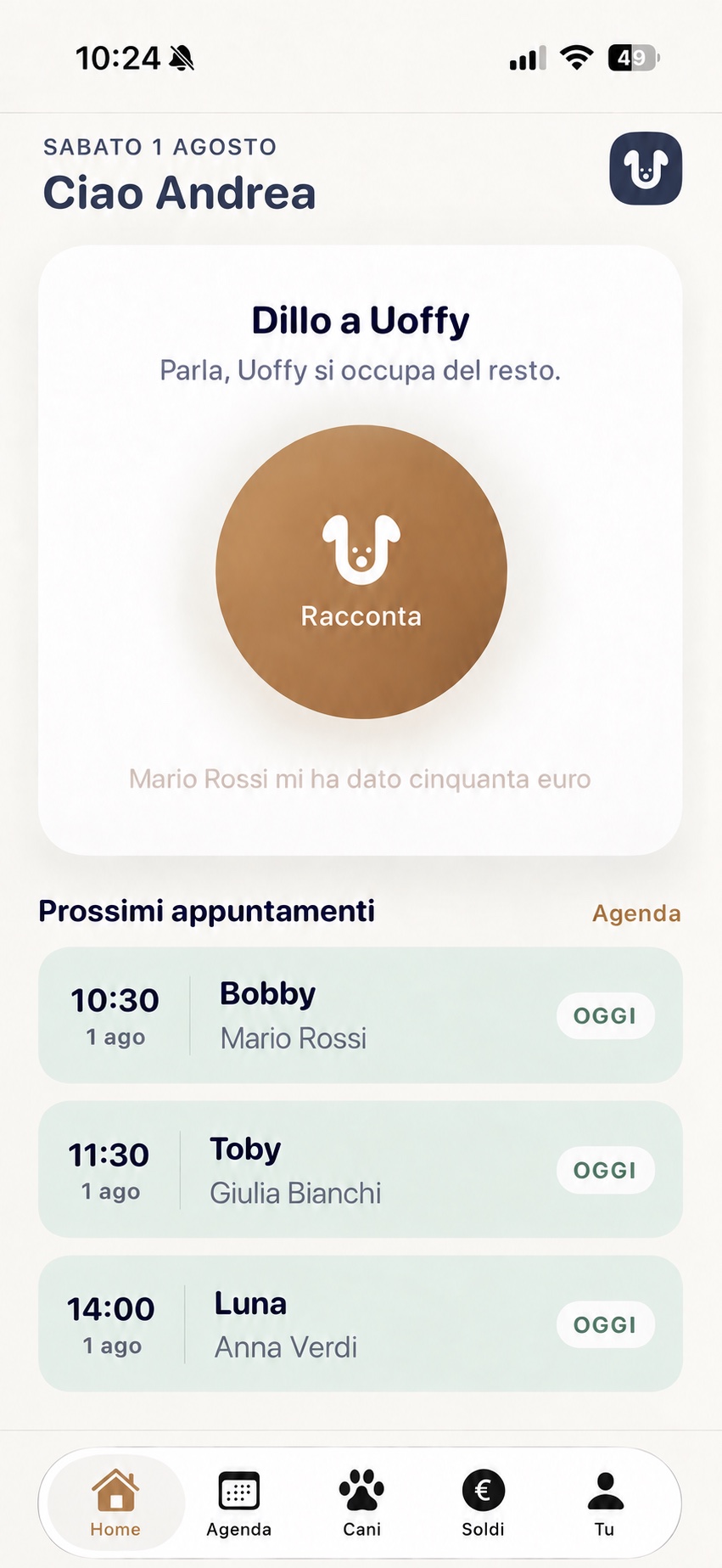 La Home di Uoffy con il pulsante Racconta e i prossimi appuntamenti